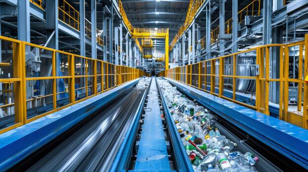 a large recycling facility showcases an assembly line where plastic bottles and containers are sorted emphasizing the importance of waste management for sustainability photo